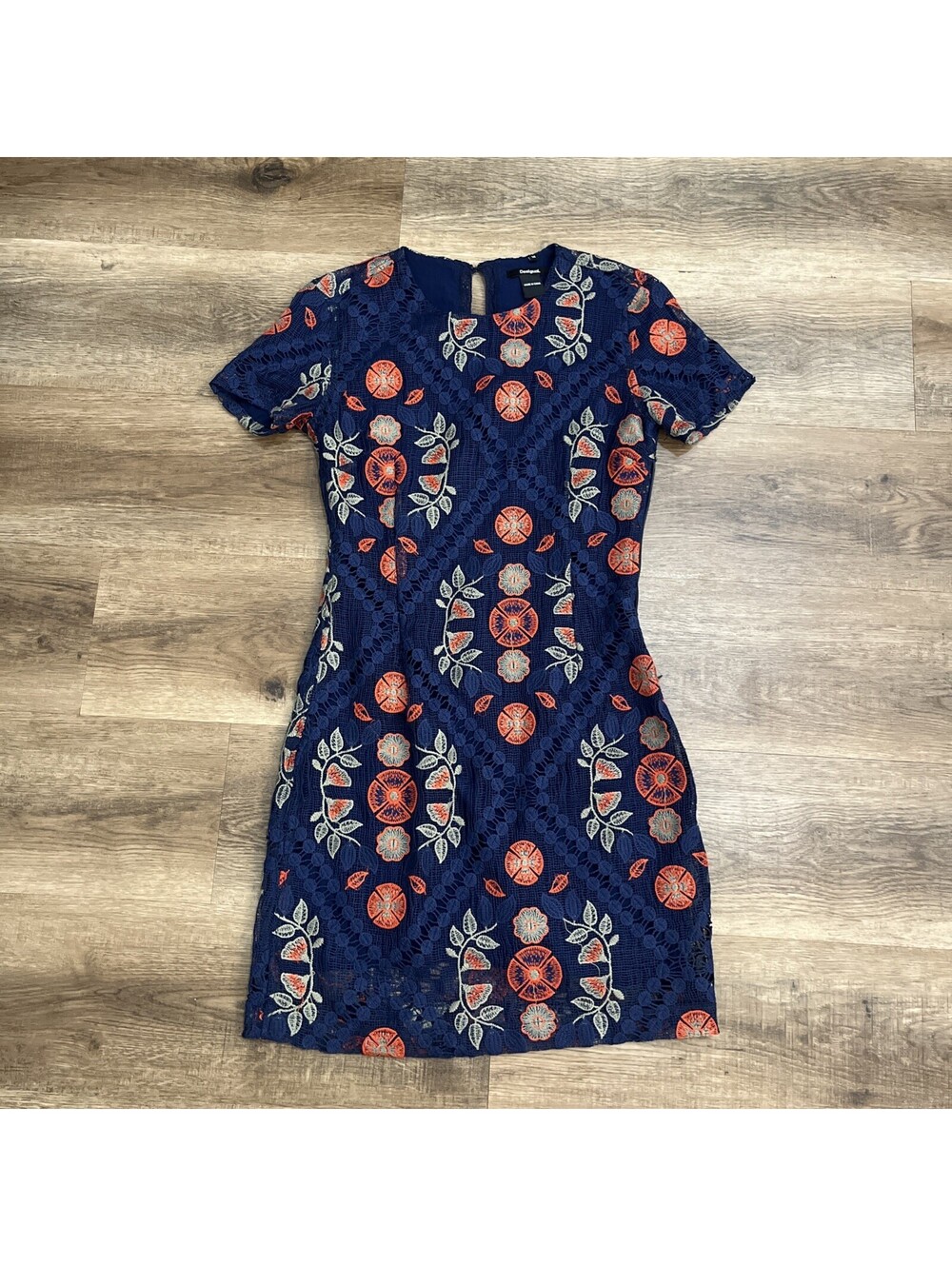 Desigual Elisa Women's Blue Floral Embroidered Lace Dress EU36(4)Zip Knee Length